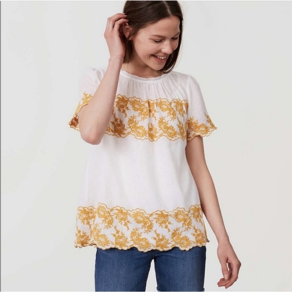 Loft Golden Floral Embroidered Linen Cotton Scalloped Boho Blouse L